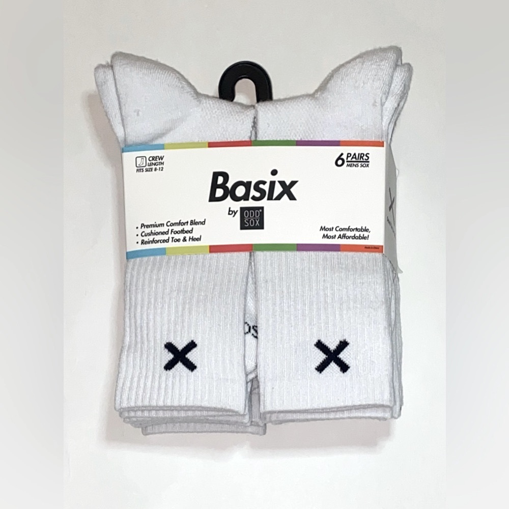 BASIX BY ODD SOX athletic Cushioned Crew Socks 6 Pairs tall white Black X logo